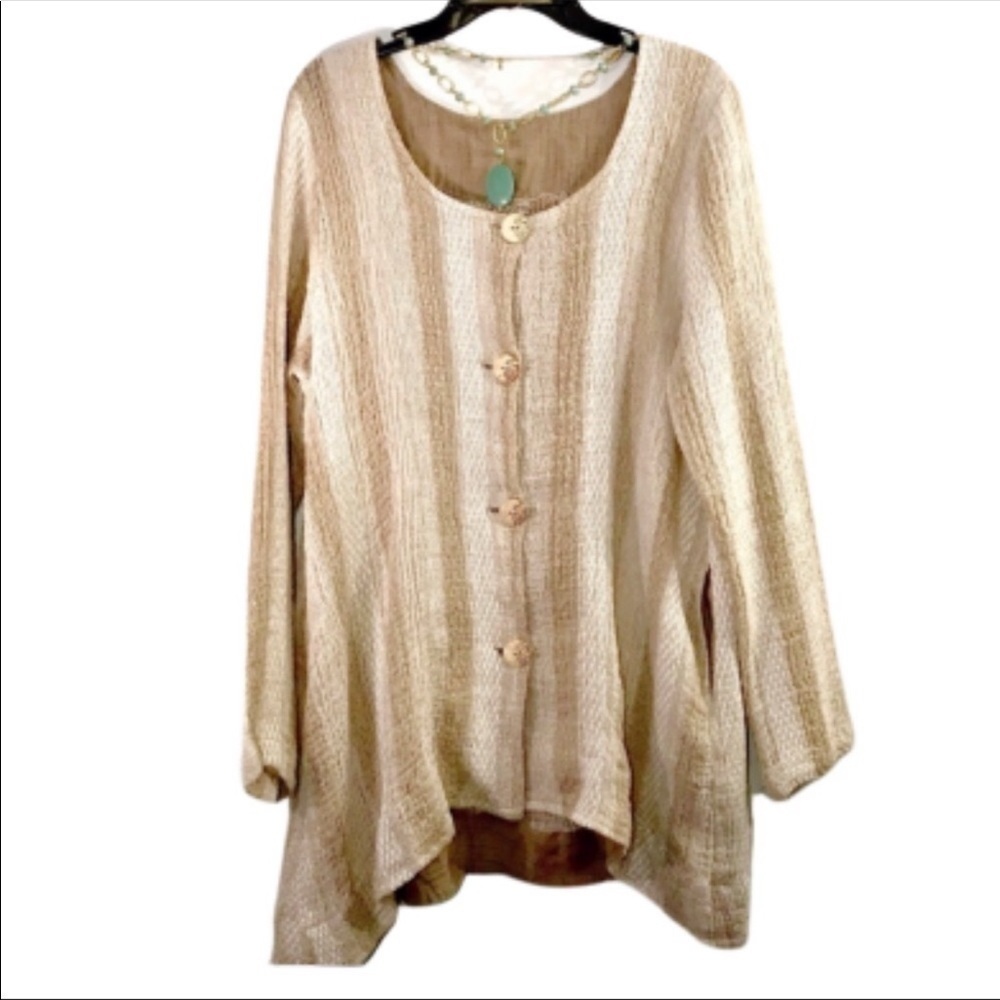 Marilu Moda Tan/Cream Gauze Asymmetrical Linen Top